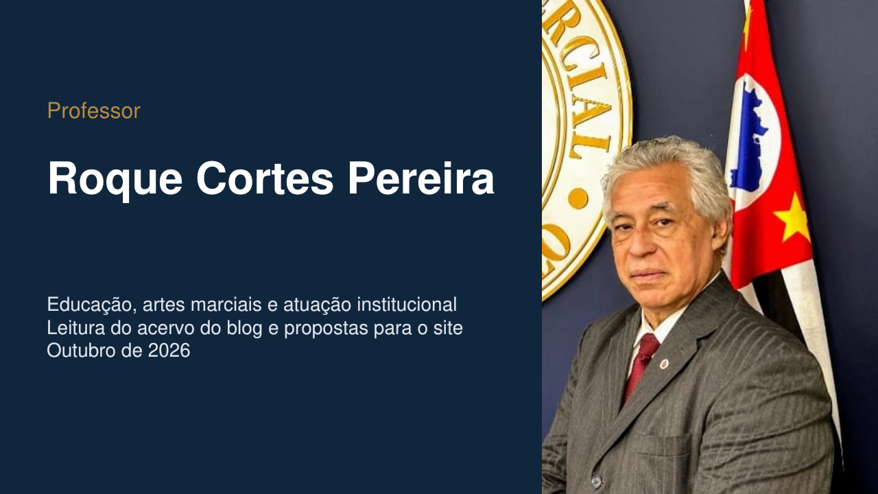 Capa da apresentação do Professor Roque Cortes Pereira, com retrato institucional