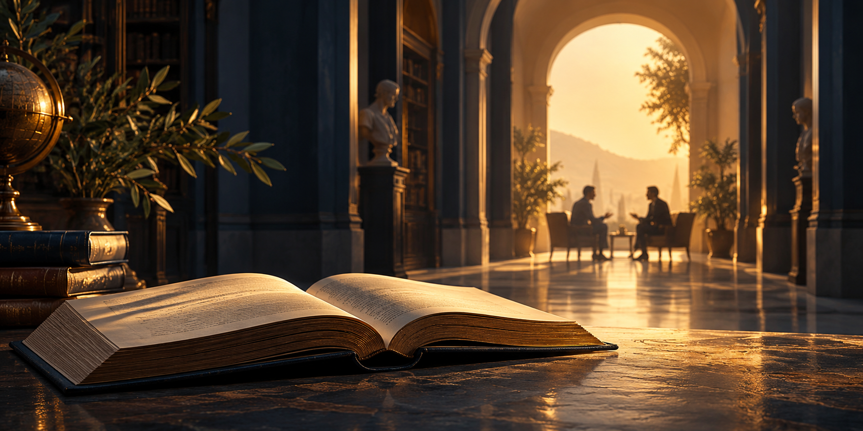 Livro aberto em primeiro plano e duas pessoas em diálogo sob uma luz dourada